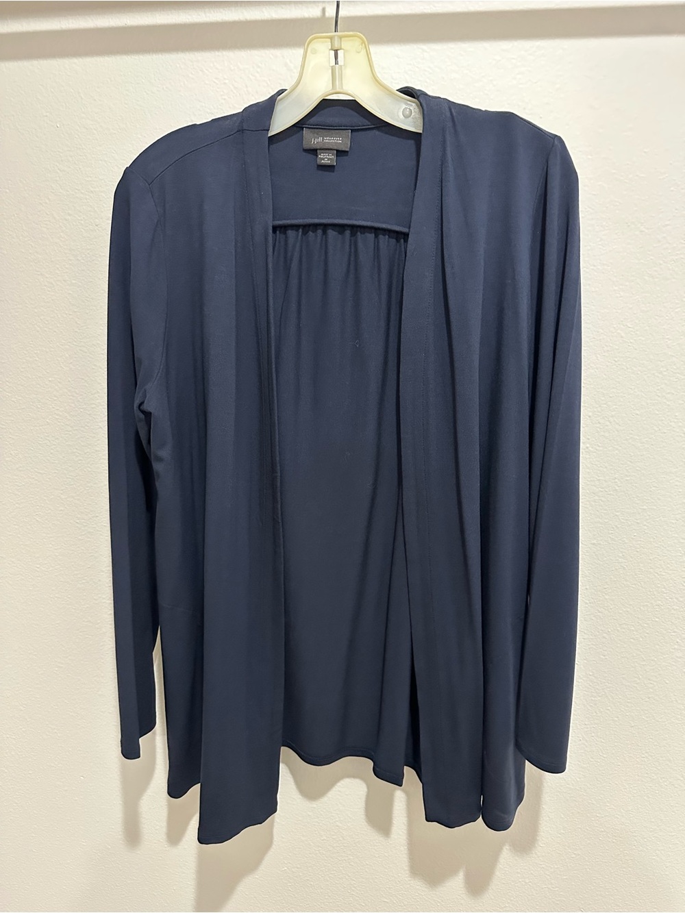 J Jill Wearever MP navy cardigan, long sleeve, yoke back, str bottom, ex cond